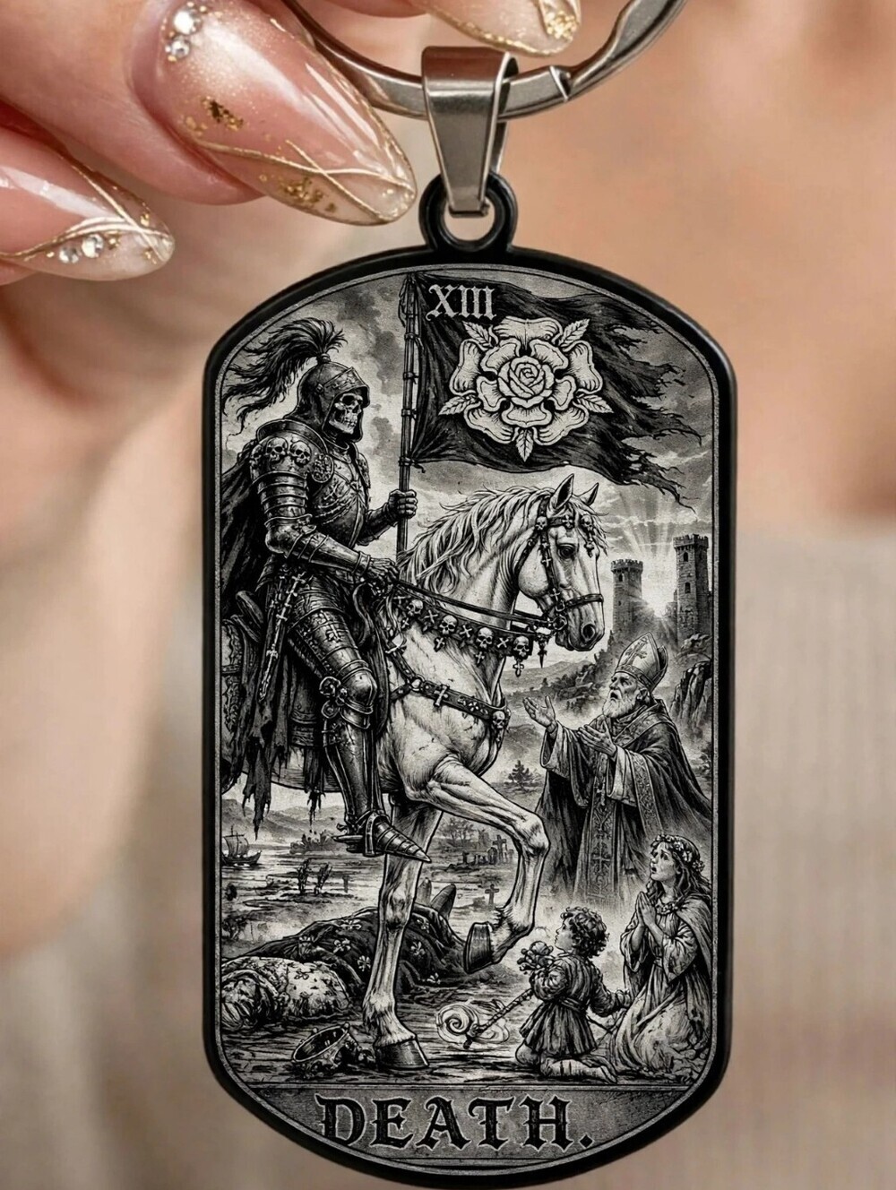 Tarot Card Art Death Skelton War Warrior Battle Horse Stainless Keychain Horror